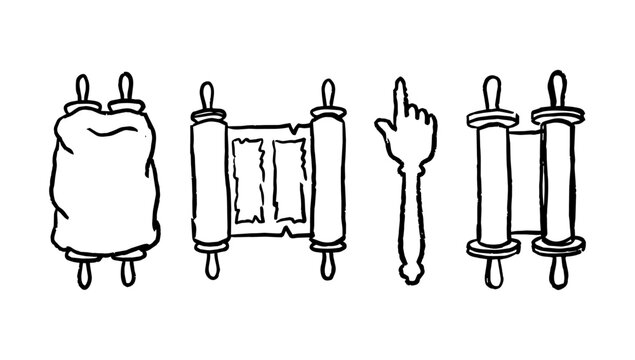 Simple sketches showing jewish torah scrolls and traditional yad pointers abstract doodle line art