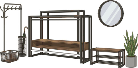 Industrial Entryway Furniture Set with Metal Clothes Rack, Wooden Shoe Bench, Round Wall Mirror, Coat Tree, Umbrella Stand, and Potted Snake Plant Vector Illustration © monjurul
