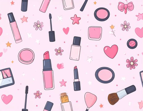 Seamless Kawaii Makeup Pattern with Lipstick Mascara Foundation Hearts and Beauty Accessories Cute Vector Background