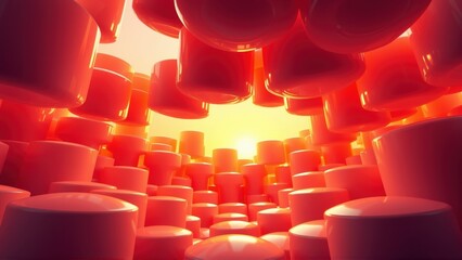 Obraz premium Red cylinders create tunnel effect. Bright light source visible beyond structures. Minimalist design, abstract composition, warm tones dominate scene.