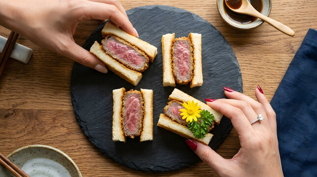 Four hands reach for bite-sized wagyu katsu sando sandwiches with crispy breaded beef between soft white bread on a slate plate.