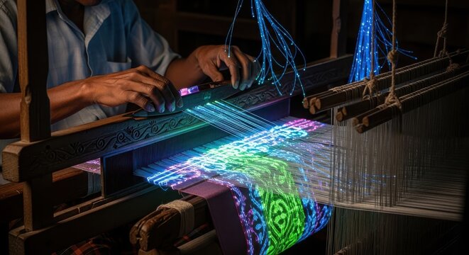 Close up of a worker weaving colorful fabric on a traditional wooden loom in a dark workshop for textile production