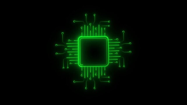 Glowing Green Futuristic Microprocessor CPU Circuit Animation Loop