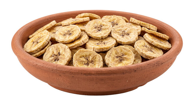Crispy dehydrated banana slices piled high in a rustic terracotta bowl