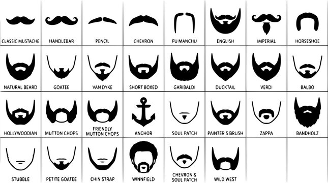 Beard Styles Illustrated in a Variety of Designs and Shapes Featuring Illustration, Facial Hair, Mustache with Handlebar