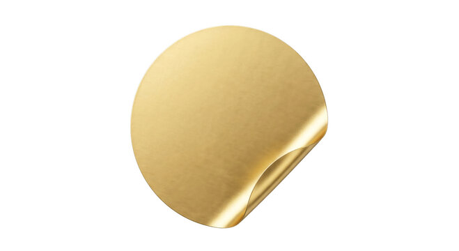 Shiny golden circular sticker peeling off a surface with a curled edge