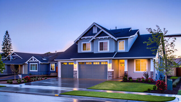 Modern suburban two story house exterior at dusk with illuminated and concrete driveway, real estate