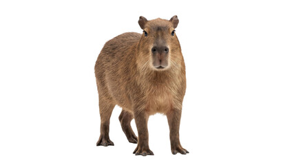Naklejka premium A capybara stands facing forward on a white background, showcasing its furry coat
