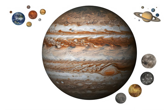 Jupiter and various planets and moons of the solar system transparent background