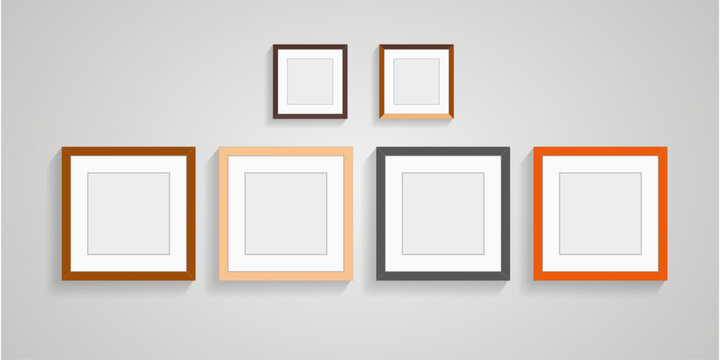 Gallery wall mockup six empty frames in various sizes and colors on a light gray wall