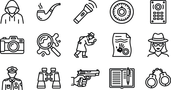 Detective and Crime Investigation Line Icon Set Featuring Spy Police Officer Handcuffs Magnifying Glass and Evidence Symbols