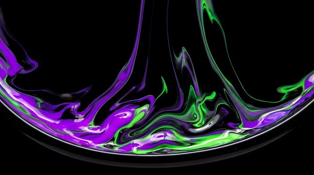 Abstract Digital Fluid Art with Vibrant Purple and Green Swirls on Black Background