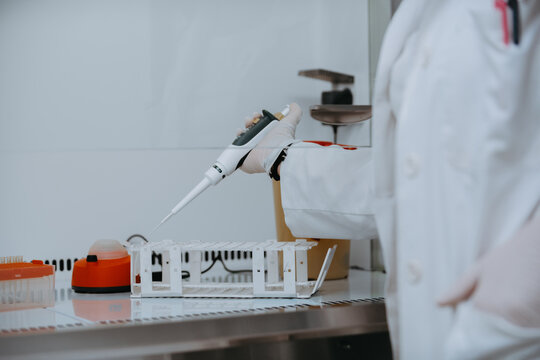 Scientist Using Pipette in Gloved Hand Conducting Laboratory Research With Sample Tray and Equipment