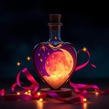 Heart-shaped magic potion bottle with glowing moon and stars surrounded by flowing ribbons, romantic, shine