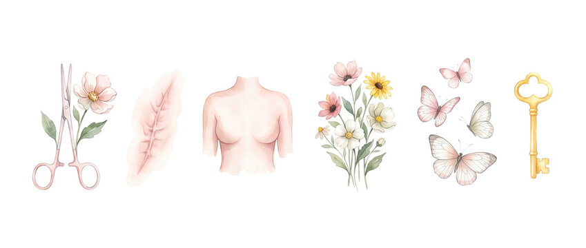 Breast cancer mastectomy watercolor clipart set featuring female chest torso, surgical scar, scissors, flowers, flying butterflies, and gold key for medical healing, recovery, and hope illustration.