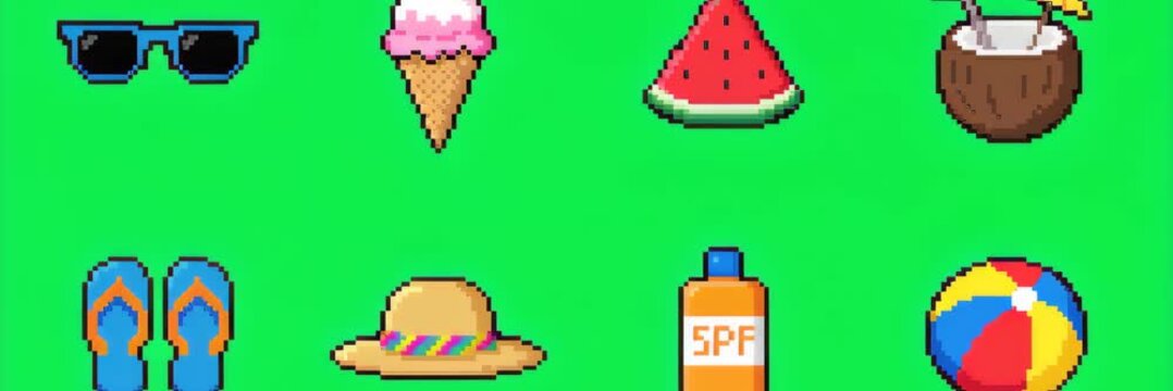 Pixel art summer beach icon collection, vacation website banner