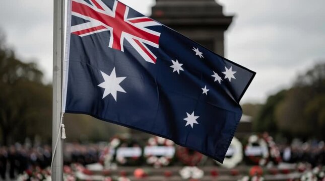 Australian flag waving during a solemn memorial ceremony at a war monument.