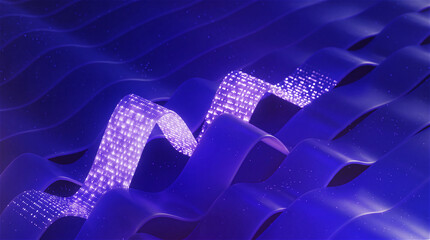 Futuristic Glowing Data Stream Flowing Through Abstract Purple Waves, AI Technology and Digital Network Background