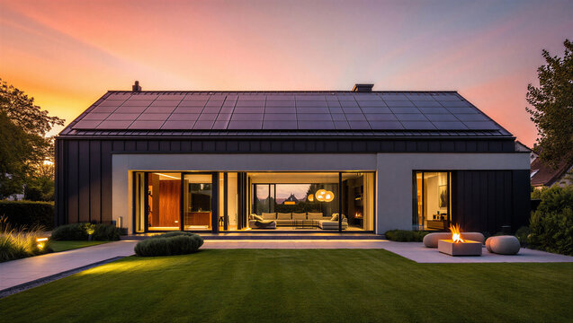 Sustainable modern house with solar panels and fire pit at twilight architecture residential