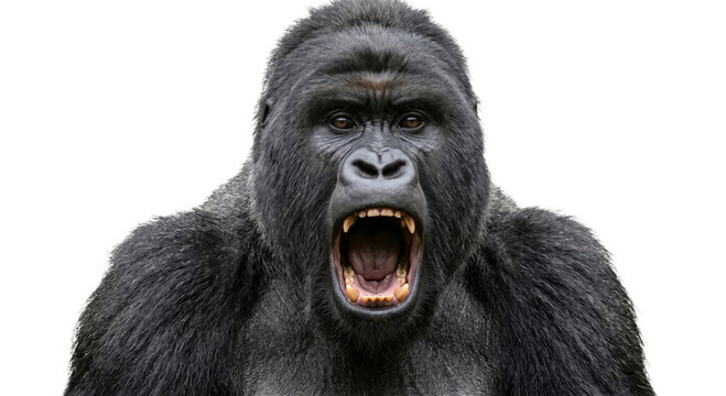 Close-up portrait of a powerful silverback gorilla roaring with mouth open