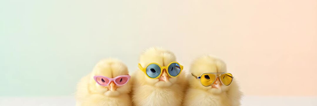 Cute yellow chicks in colorful sunglasses, Easter spring concept, website banner with copy space for your text