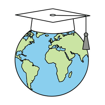 Stylized earth globe wearing a graduation cap isolated on a white background education and global learning concept