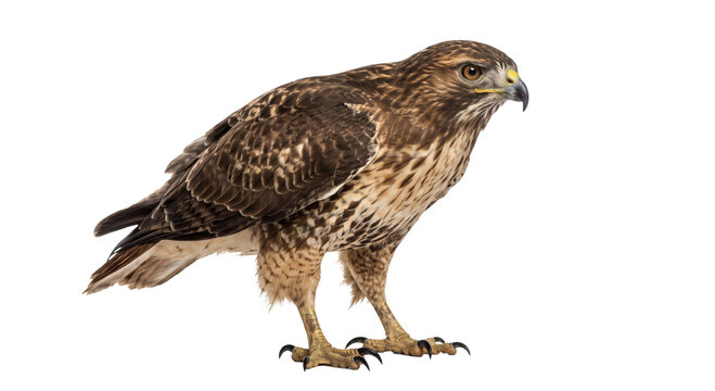A majestic hawk with sharp talons stands alert on a white background