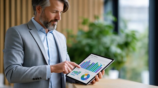 Mature businessman analyzing financial charts on a tablet with a shallow depth of field in a modern office setting
