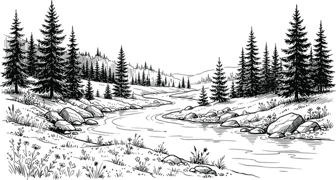 Winding wild river flowing through a scenic pine forest valley with rocky shores and mountain peaks line illustration