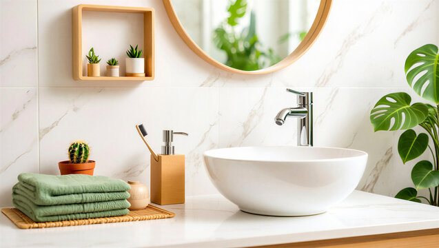 Modern bathroom vanity with ceramic basin and potted plants bathroom interior succulent wellness