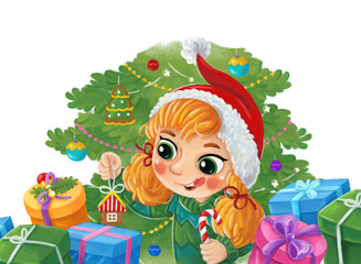 Fototapeta premium cartoon scene with young girl having fun with christmas tree in free time vacations xmas illustration for children