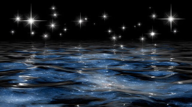 ocean with glowing tides and stars reflecting on liquid surface