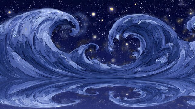 ocean with glowing tides and stars reflecting on liquid surface
