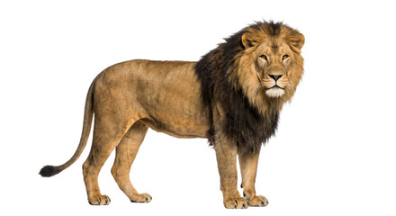 Majestic male lion with a full mane stands proudly against a stark black background © Sapphire