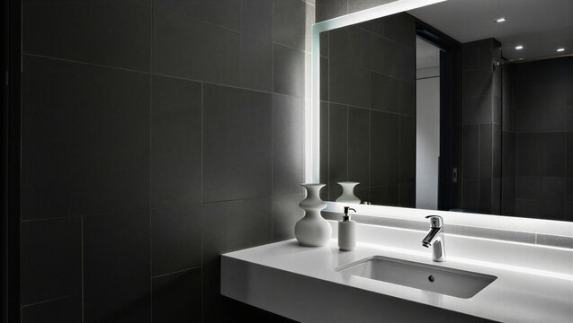 Modern bathroom sink vanity with illuminated mirror bathroom minimalist interior architecture