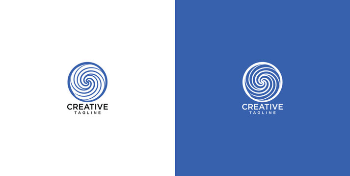 Blue spiral vortex circle logo design template with creative tagline for modern business identity
