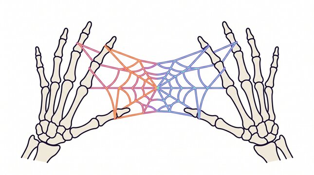 2D flat  illustration of two skeleton hands playing cat's cradle with a colorful gradient spider web