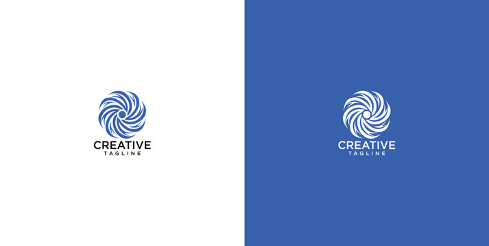 Abstract blue circular logo with the word Creative and a tagline on a white and blue background