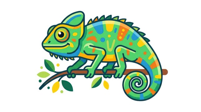 Colorful chameleon on branch changing colors. Vibrant reptile camouflage vector illustration for design projects.