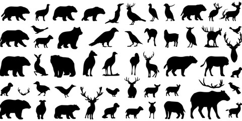 Fototapeta premium Animal silhouettes set with grid pattern of minimalist black and white species featuring bears, birds, deer with symmetry and clarity