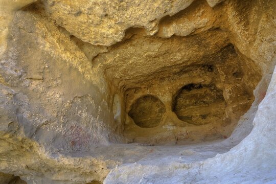 Neolithic caves, former hippie paradise, interior view of an eroded cave with natural, irregular rock structures, Matala, south coast, Crete, Greek Islands, Greece