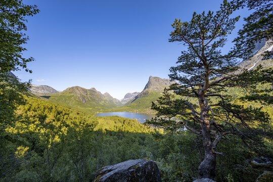 Picturesque mountain landscape in the Innerdalen high valley, Innerdalst&aring;rnet peaks and Lake Innerdalsvatna, Trollheimen Mountain Area, Sunndal, M&oslash;re og Romsdal, Norway