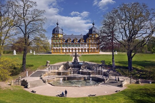 Aerial view, cascade and Seehof Castle, former summer residence of Bamberg prince-bishops, built 1687-1696, architect Antonio Petrini, Baroque, now Bavarian State Office for the Preservation of Monuments, the municipality of Memmelsdorf, Bamberg district, Upper Franconia, Bavaria, Germany