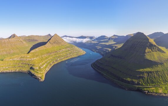 Panoramic view of Funningsfj&oslash;r&eth;ur near Funningur on Eysturoy island, fjord with steep mountains, Faroe Islands, Denmark