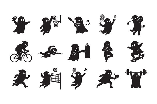 Ghostly Silhouettes Engaging in Various Sports Activities for Halloween or Fitness Themes