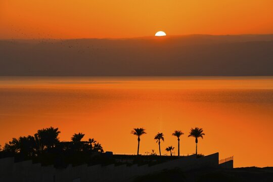 Dead Sea Jordan sunset vertical timelapse with orange glow, calm water reflection, palm silhouettes, peaceful travel mood, nature beauty, climate and water scarcity concept