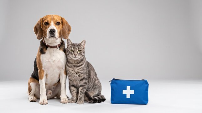 Pet first aid kit with beagle dog and tabby cat sitting against grey background