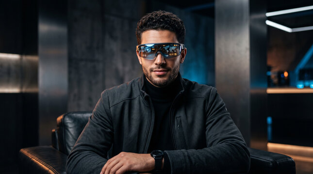Confident businessman wearing smart futuristic blue visor glasses and suit in modern high tech office environment.