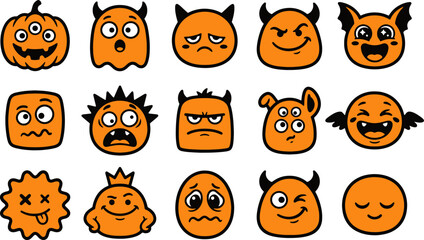 Fototapeta premium Colorful halloween character vector icons featuring pumpkins ghosts monsters and devils on a white background
