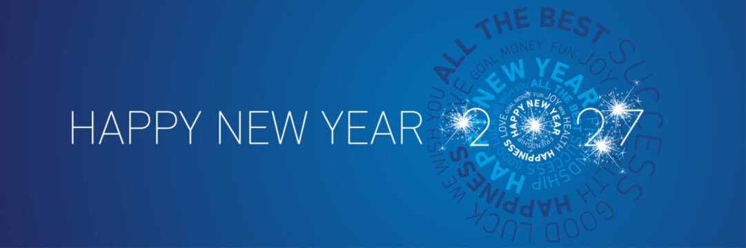 Happy New Year 2027 modern circle word cloud text with sparkle firework white blue greeting card